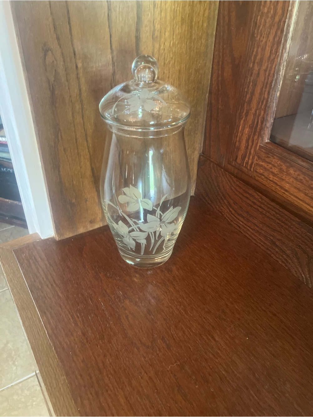 Princess House Clear Etched Glass Covered Candy Jar with Floral Motif
